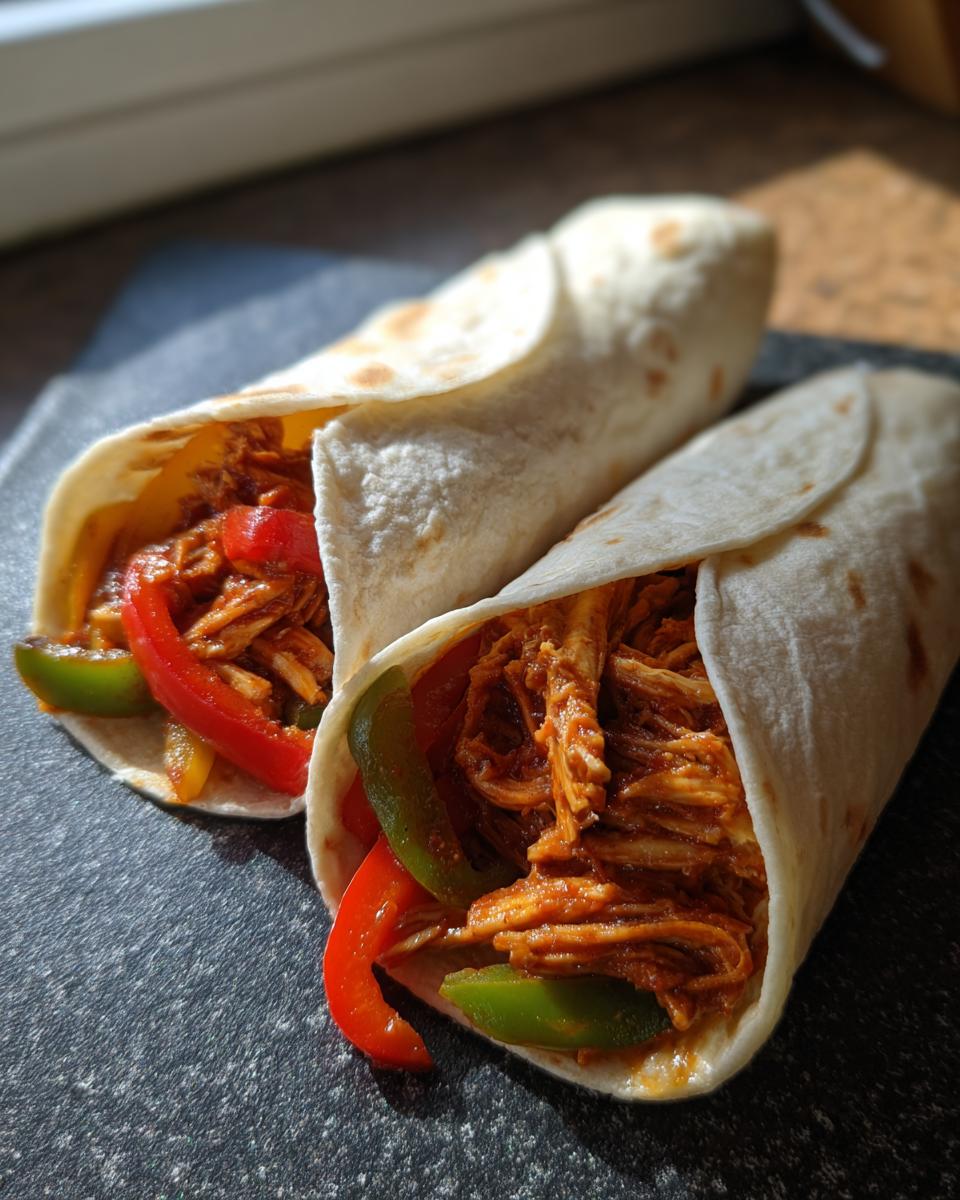 Two chicken wraps filled with shredded chicken and bell peppers, showcasing easy crockpot meals.