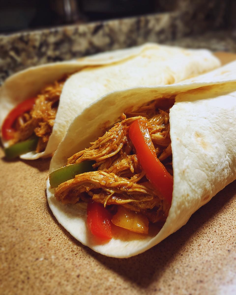 Three chicken wraps filled with shredded chicken and peppers, showcasing easy crockpot meals.
