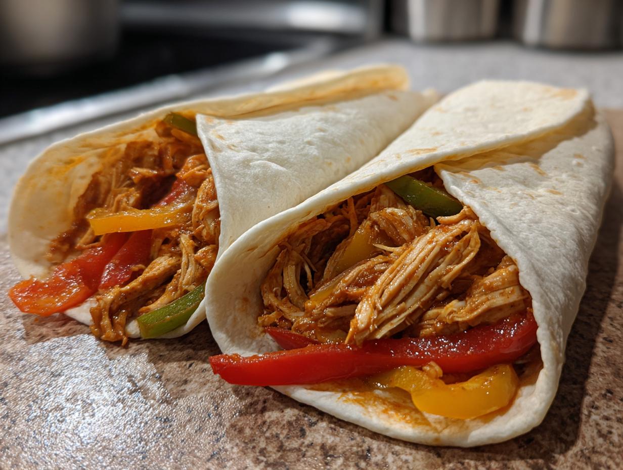 Two chicken wraps filled with shredded chicken and colorful bell peppers, perfect for easy crockpot meals.