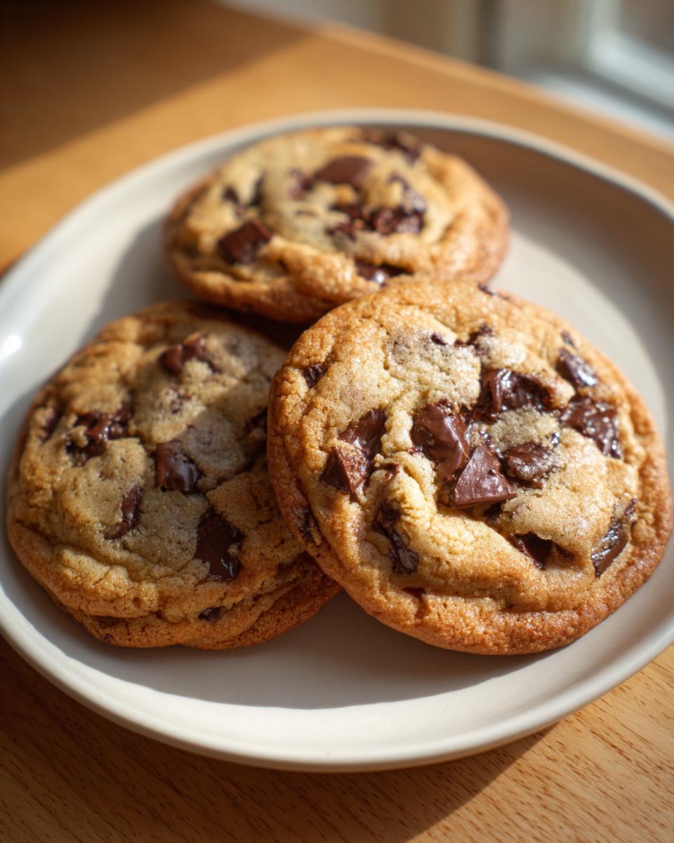 Three chocolate chip cookies on a plate, showcasing their delicious and crunchy texture desserts.