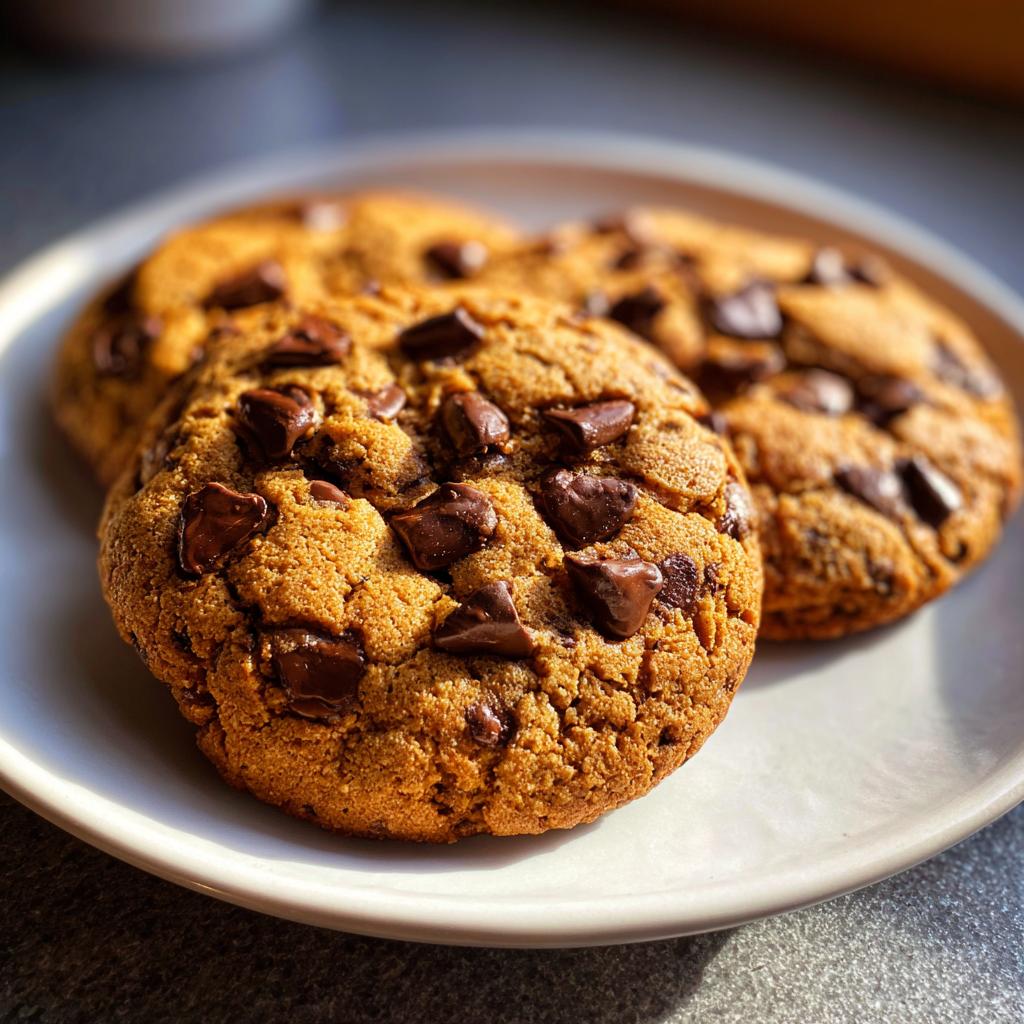 Three chocolate chip cookies on a white plate, showcasing a delicious crunchy texture desserts.