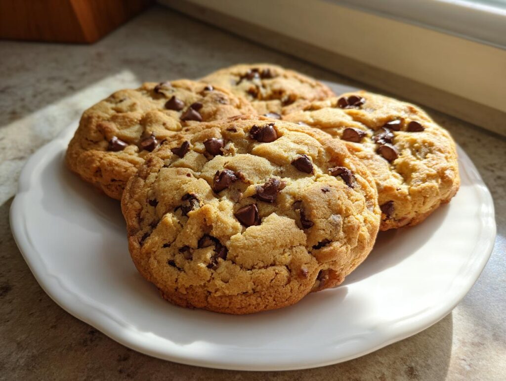 Four chocolate chip cookies on a white plate, showcasing their crunchy texture desserts.