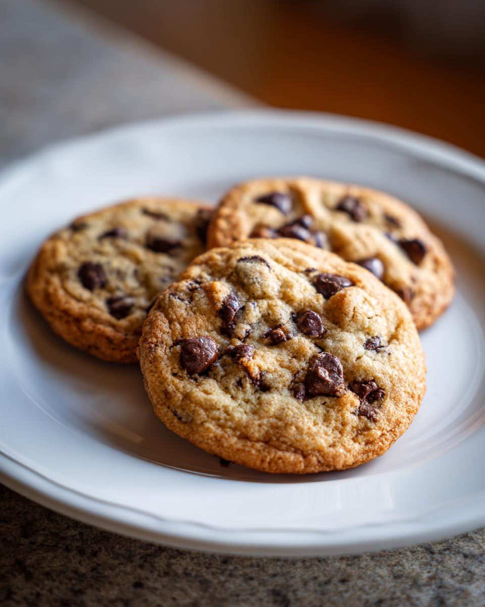 Three chocolate chip cookies on a white plate, showcasing their crunchy texture desserts.