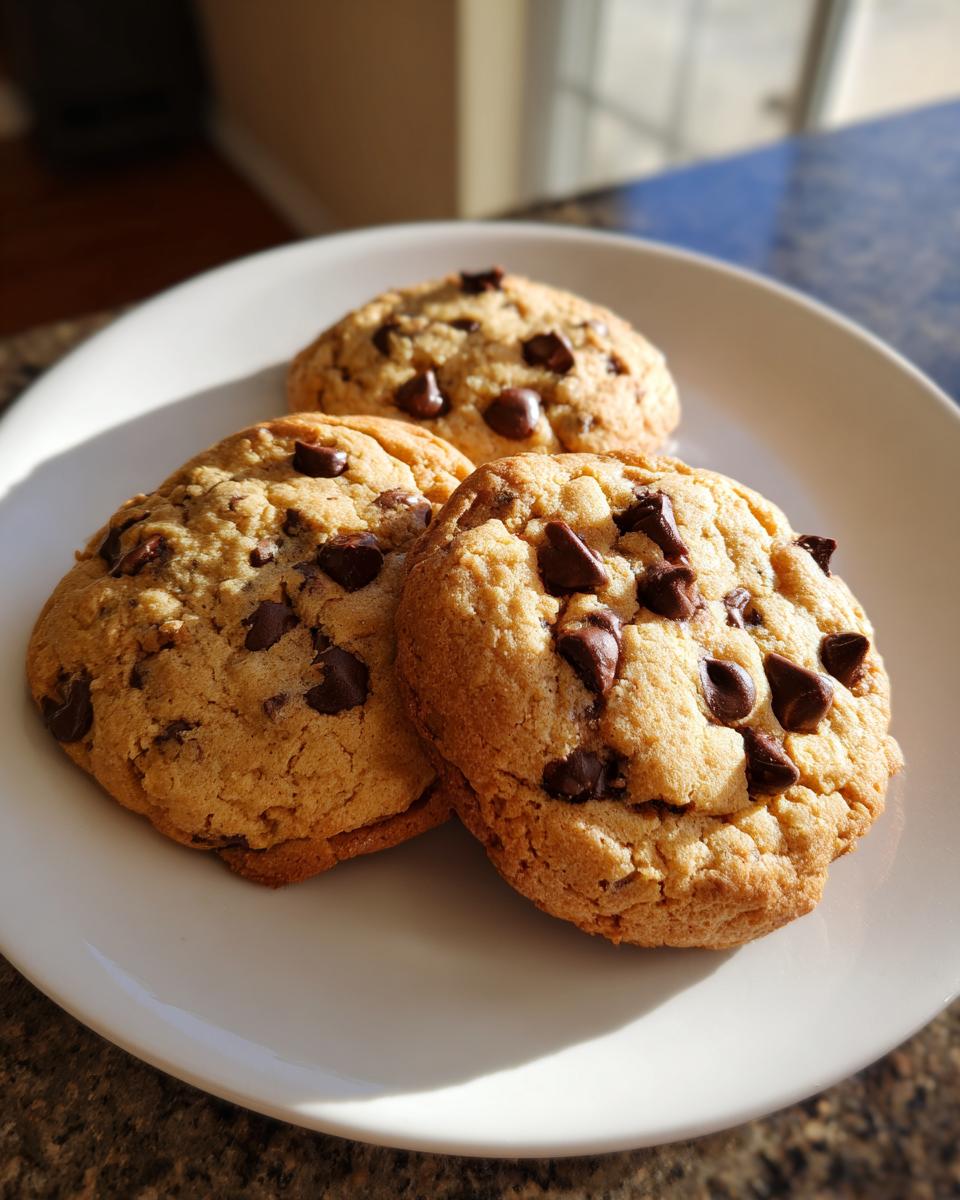 Three chocolate chip cookies on a white plate, showcasing a delicious crunchy texture desserts.