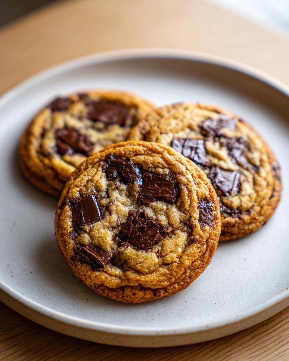 Three chocolate chip cookies on a plate, showcasing a delicious crunchy texture desserts.