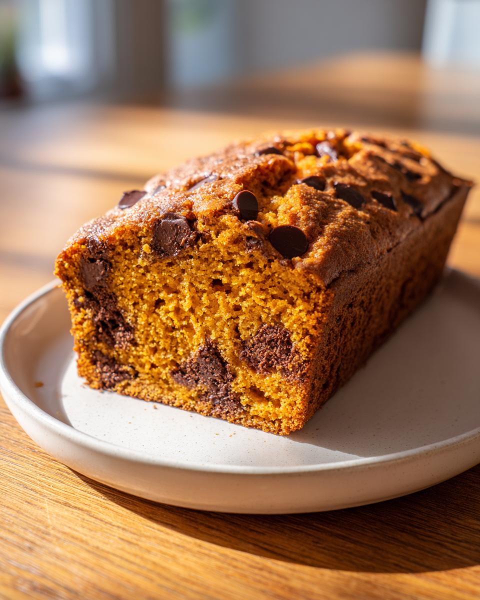 A loaf of moist chocolate chip pumpkin bread on a plate, showcasing its rich orange color and dark chocolate chunks.