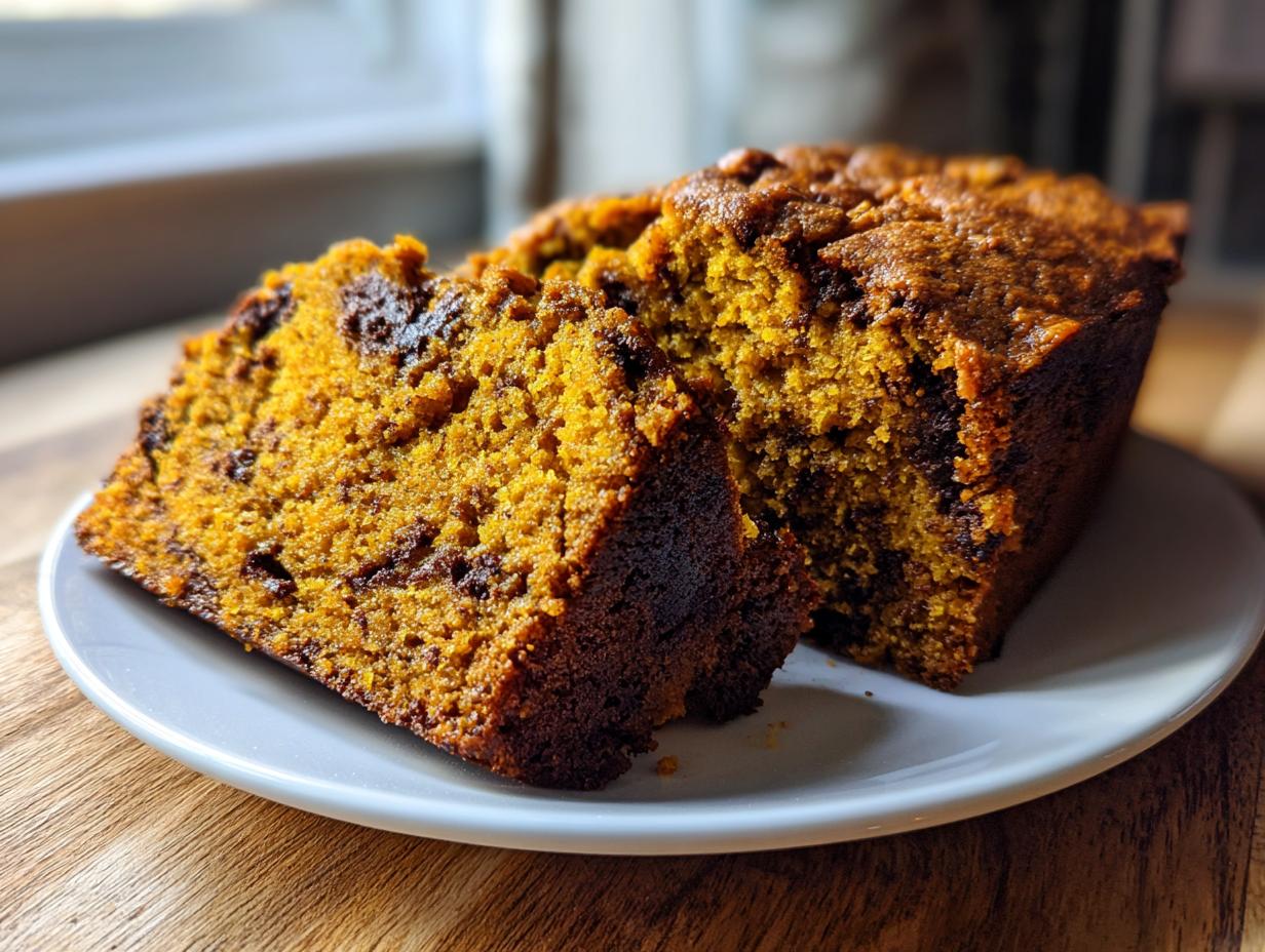 A close-up of a moist chocolate chip pumpkin bread slice on a white plate, showcasing the rich orange color and dark chocolate chips.