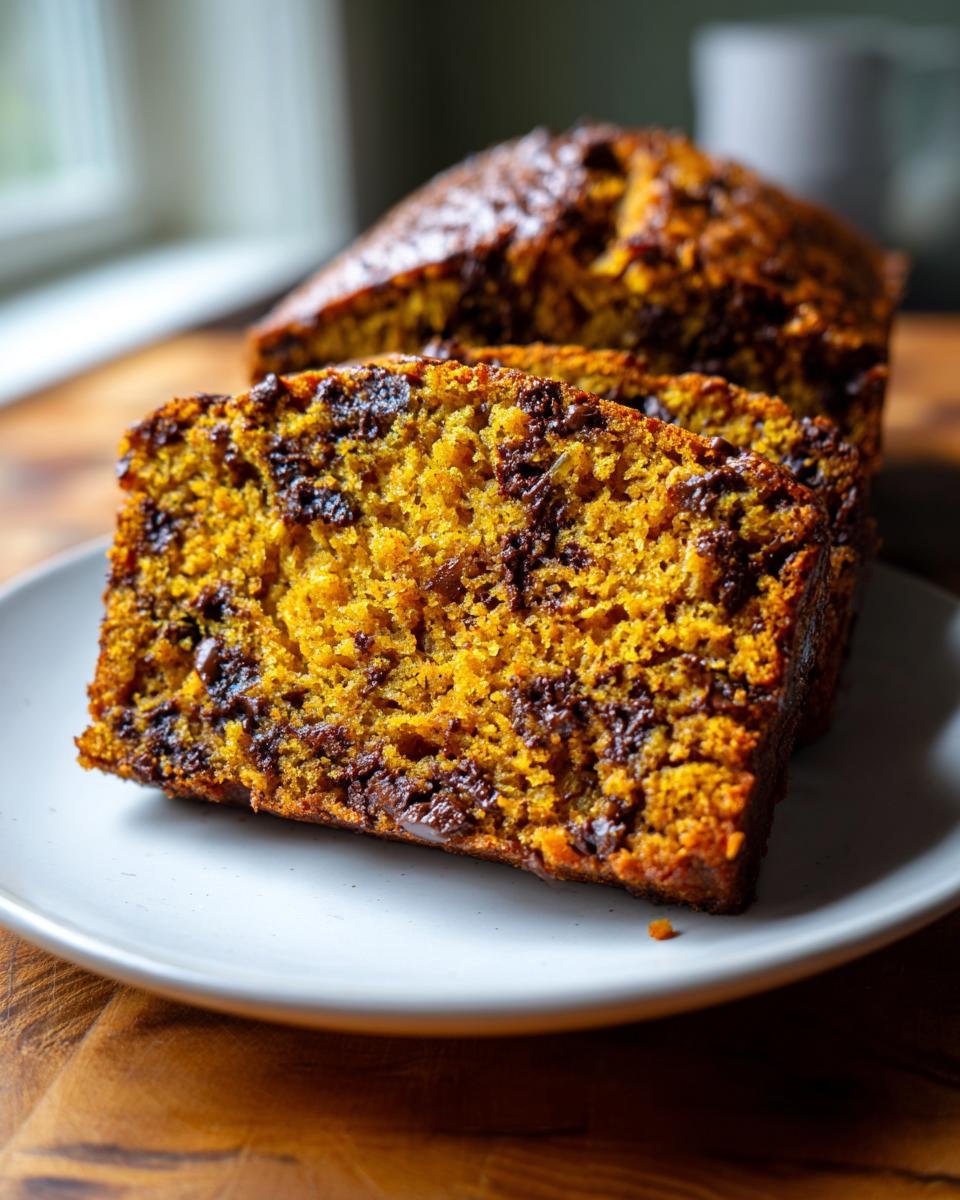 A slice of moist Chocolate Chip Pumpkin Bread with visible chocolate chips, served on a white plate.