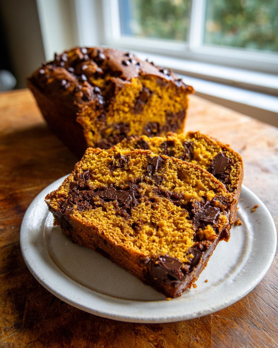 Close-up of two moist slices of chocolate chip pumpkin bread on a plate, with a loaf in the background.