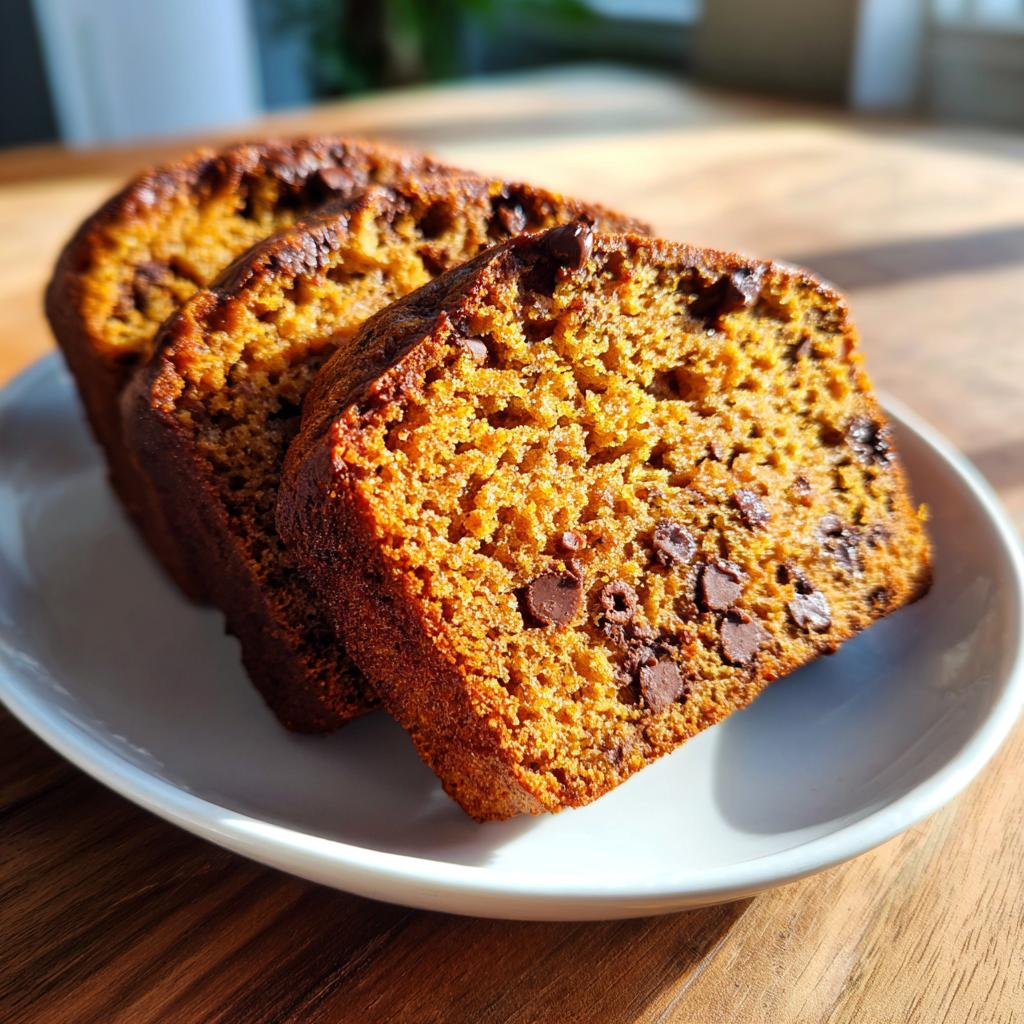 Three slices of moist chocolate chip pumpkin bread on a white plate, showcasing the rich texture and chocolate chips.