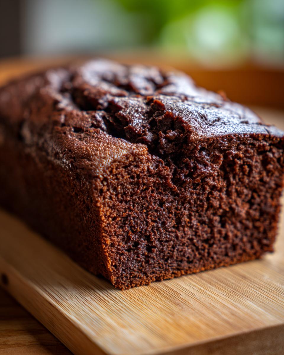 Close-up of a moist chocolate wacky cake loaf on a wooden board, showcasing its texture.