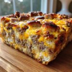 Close-up of a breakfast casserole slice, showcasing layers of bread, sausage, and cheese. Part of Christmas breakfast ideas.