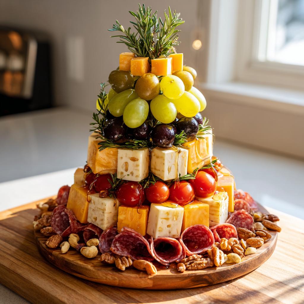 A stunning Christmas Charcuterie Tree made of cheese, meats, grapes, and rosemary, perfect for holiday gatherings.