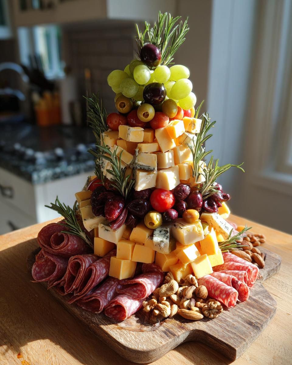 A stunning Christmas Charcuterie Tree made of various cheeses, meats, grapes, olives, and rosemary.