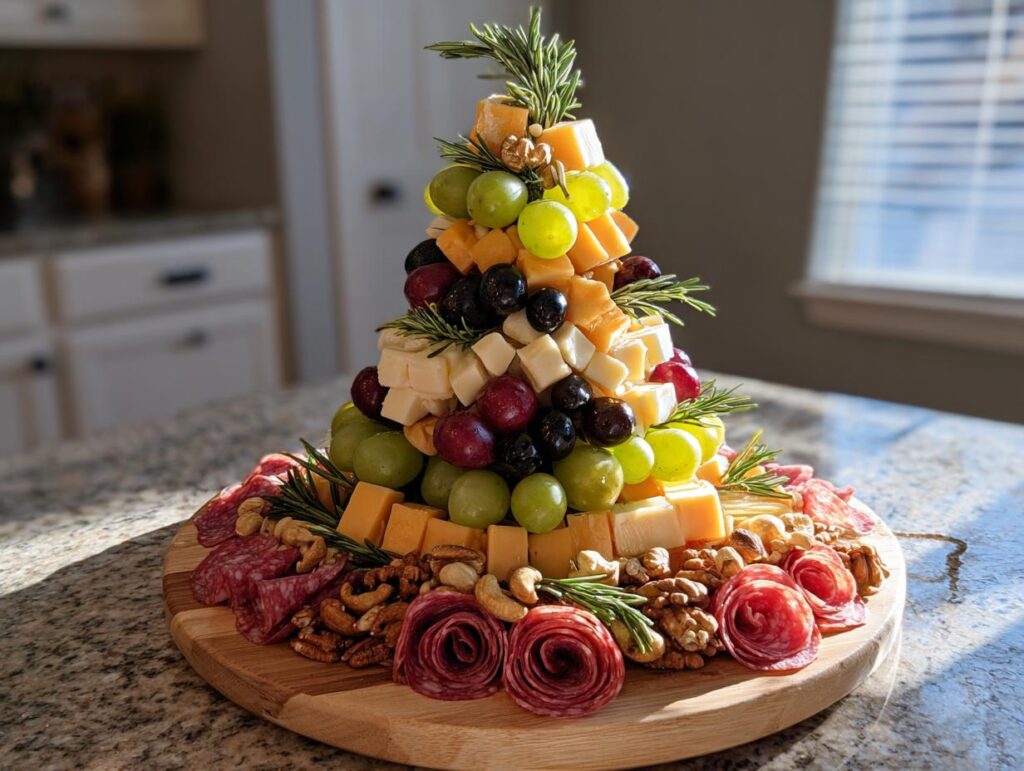 A stunning Christmas Charcuterie Tree made with cheese, grapes, salami, and rosemary.