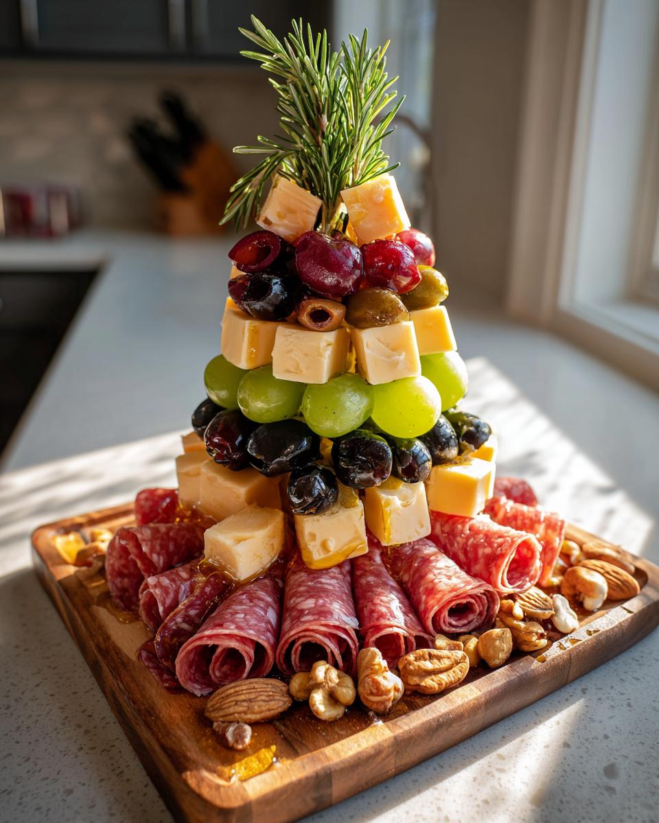 A stunning Christmas Charcuterie Tree made with cheese cubes, grapes, olives, salami, and rosemary.