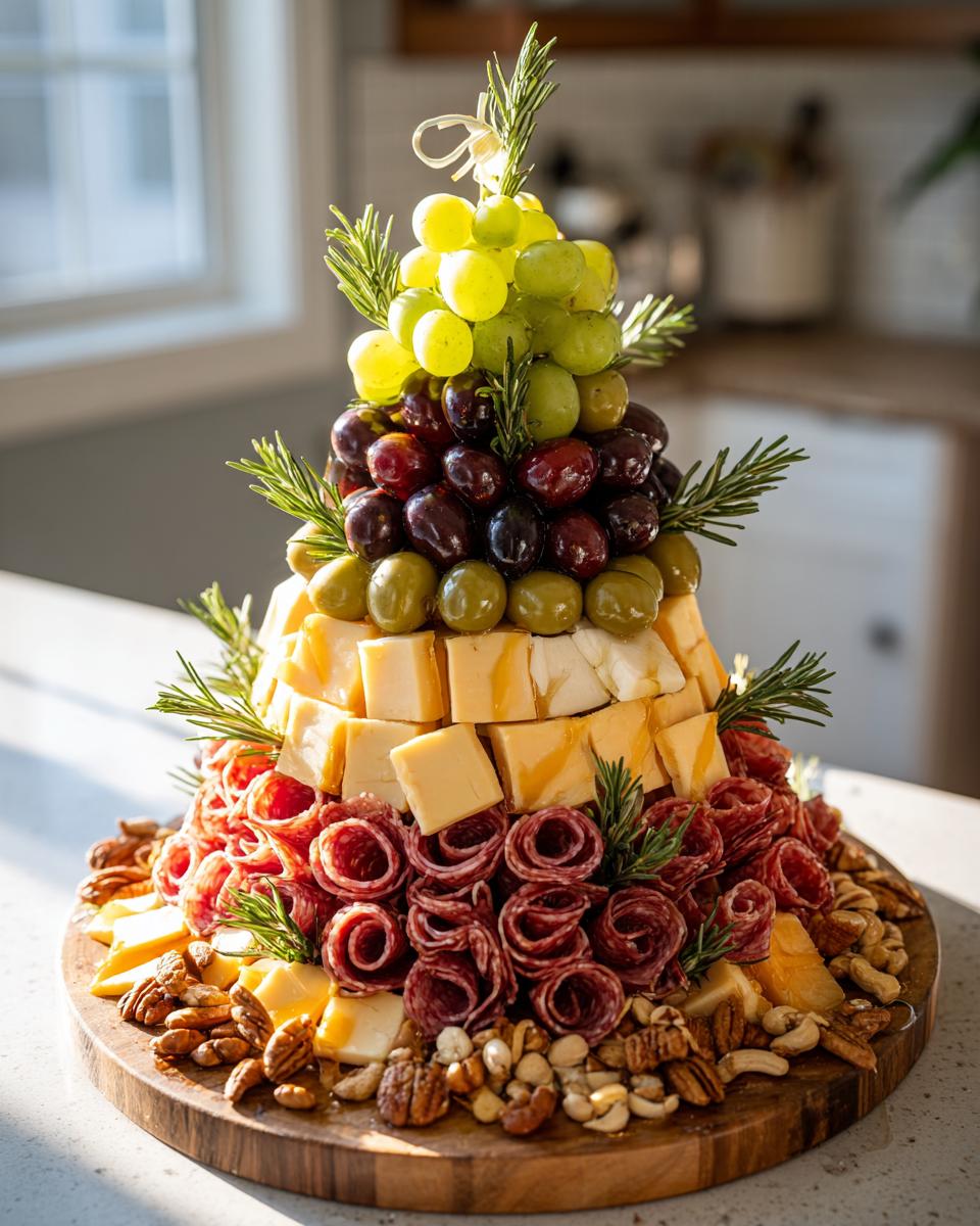 A stunning Christmas Charcuterie Tree made with grapes, olives, cheese, salami roses, and nuts.