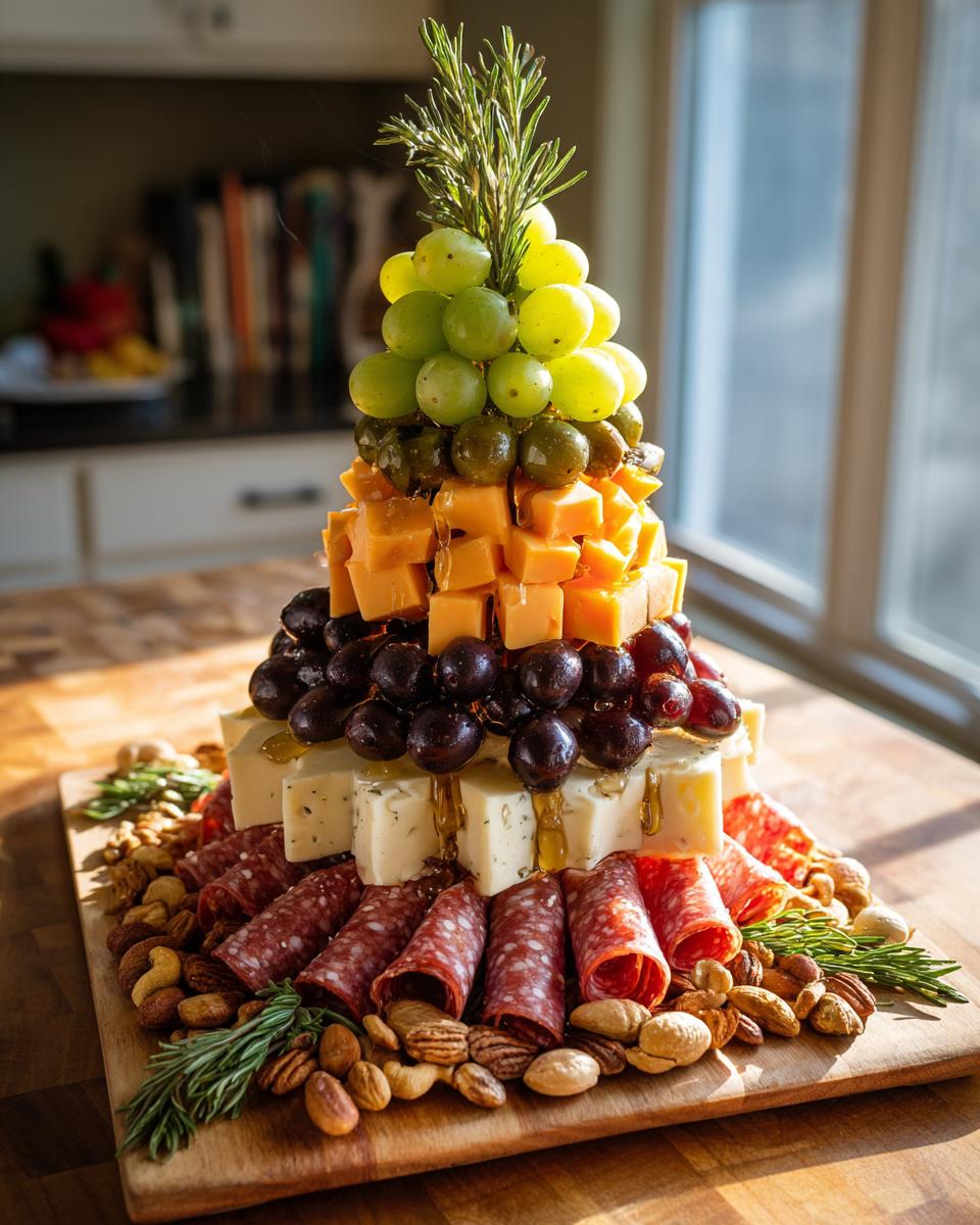 A festive Christmas Charcuterie Tree made of cheese, grapes, salami, nuts, and rosemary.