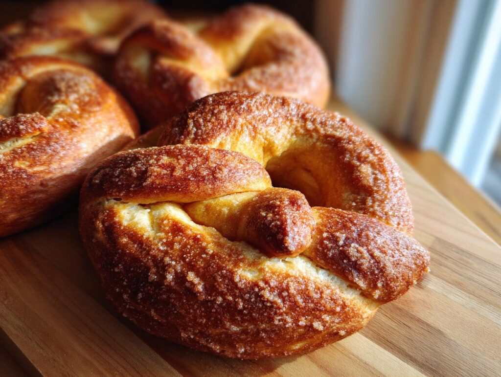 Close-up of Cinnamon Sugar Pumpkin Pretzels on a wooden board, showcasing their golden-brown color and sugary coating.