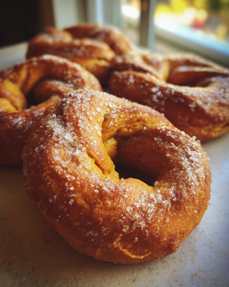 Close-up of Cinnamon Sugar Pumpkin Pretzels, showcasing the golden-brown color and sugar coating.
