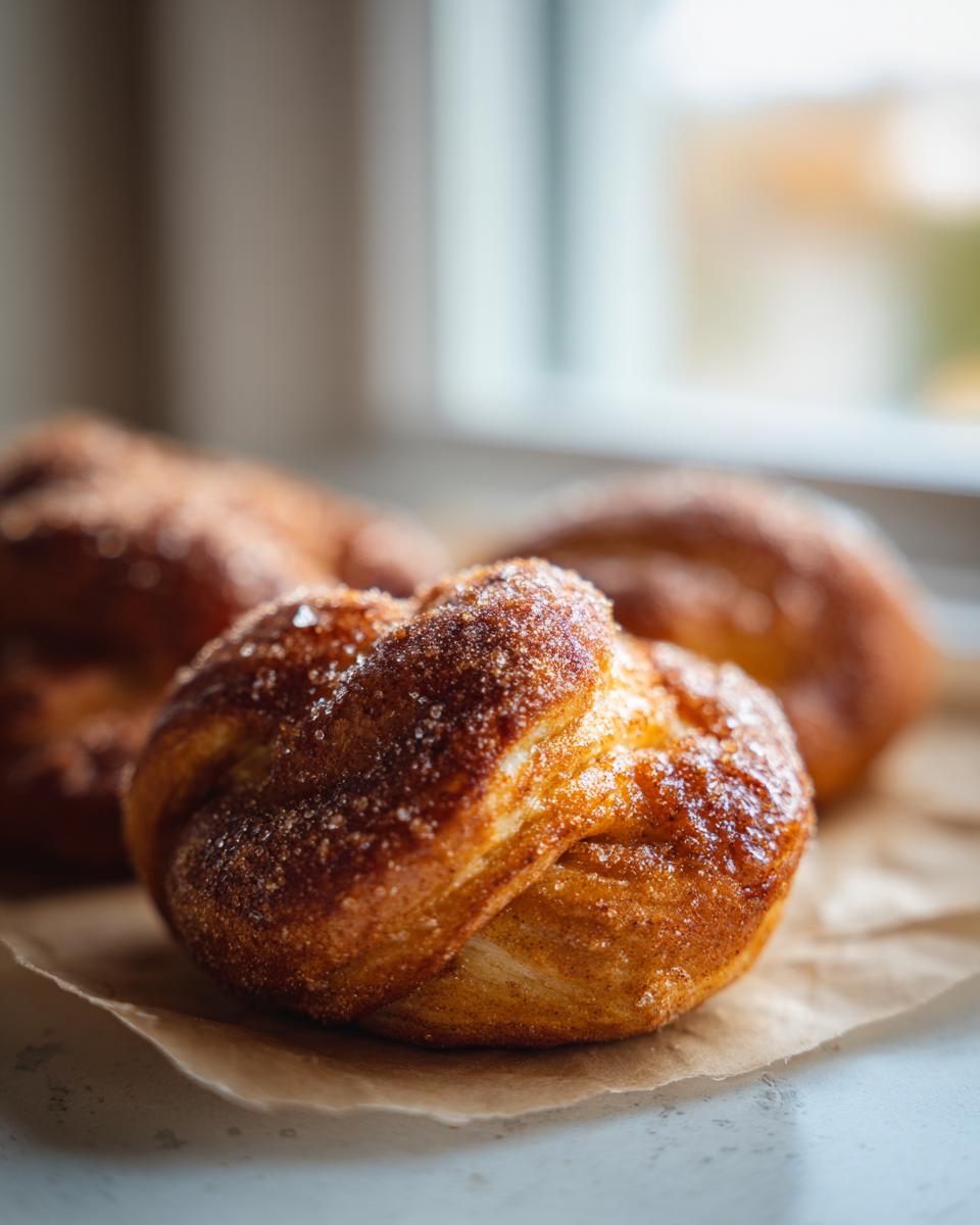 Close-up of Cinnamon Sugar Pumpkin Pretzels on parchment paper, showcasing the sweet, golden-brown crust.