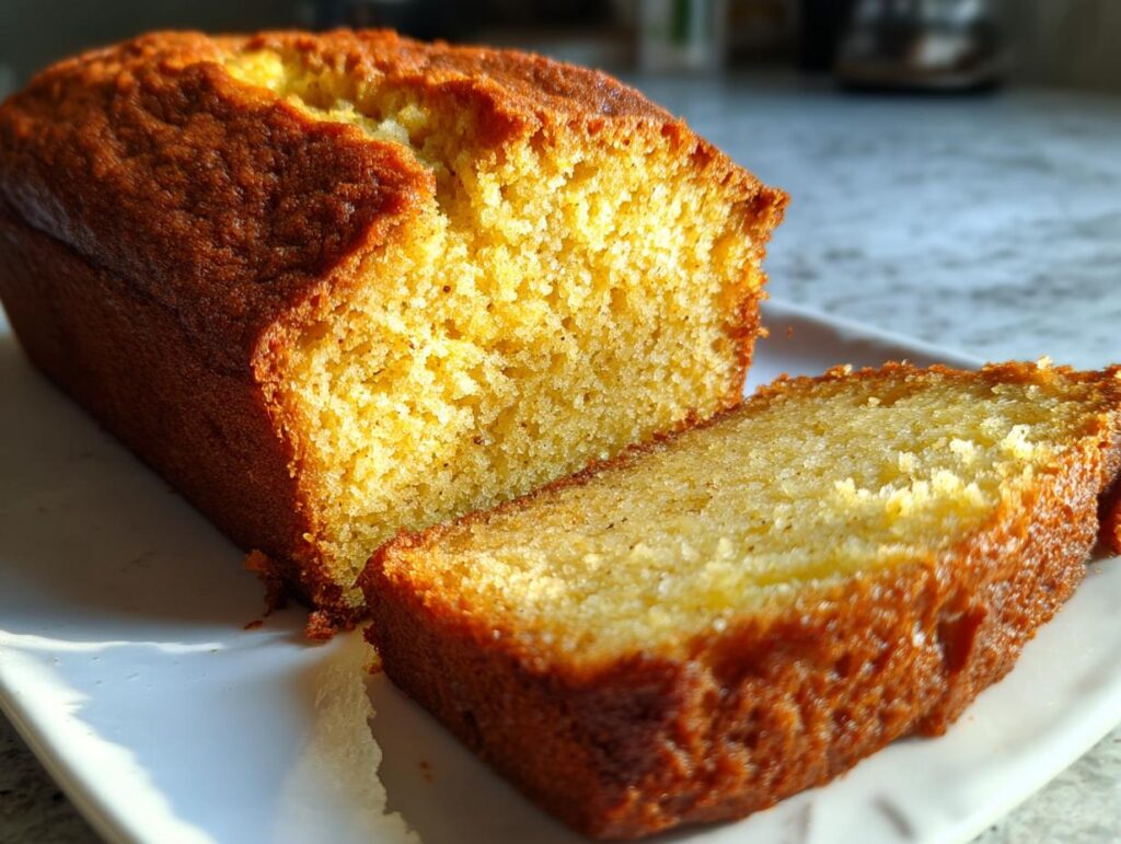 A close-up of a slice of Classic Moist Pumpkin Bread on a white plate, showing its golden-brown crust and moist crumb.