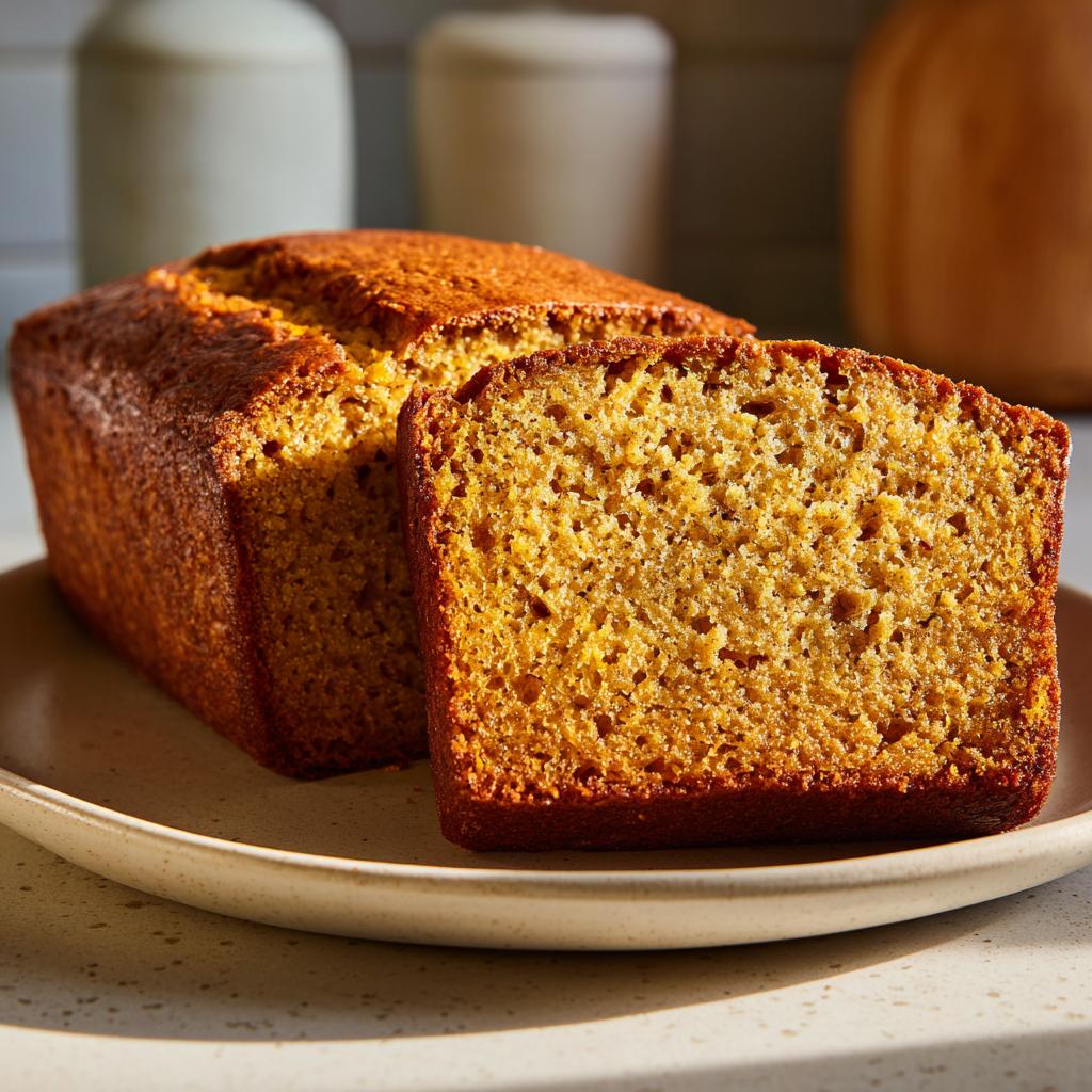 A close-up of a slice of Classic Moist Pumpkin Bread, showing its tender crumb and golden-brown crust.