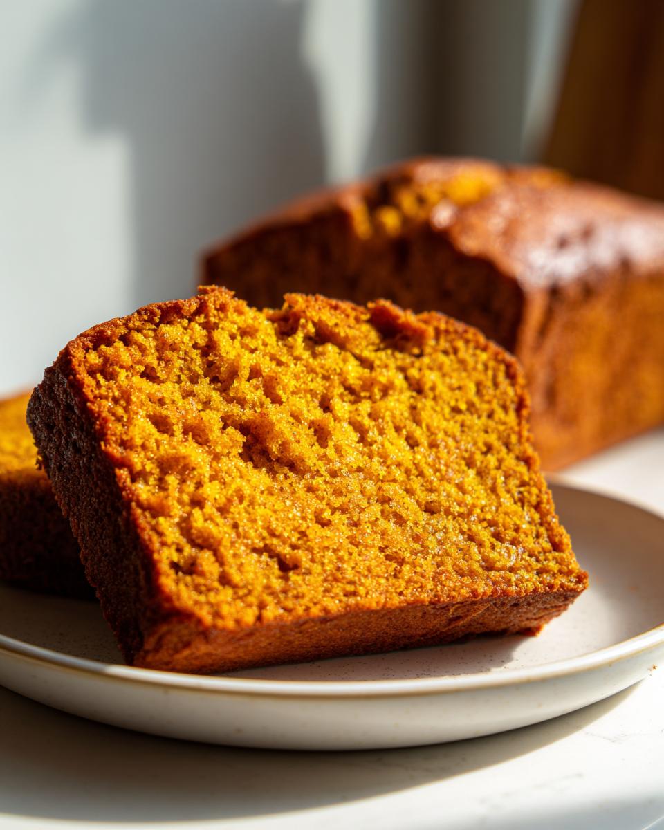 A close-up of a moist slice of Classic Moist Pumpkin Bread on a plate, showcasing its rich orange color and texture.