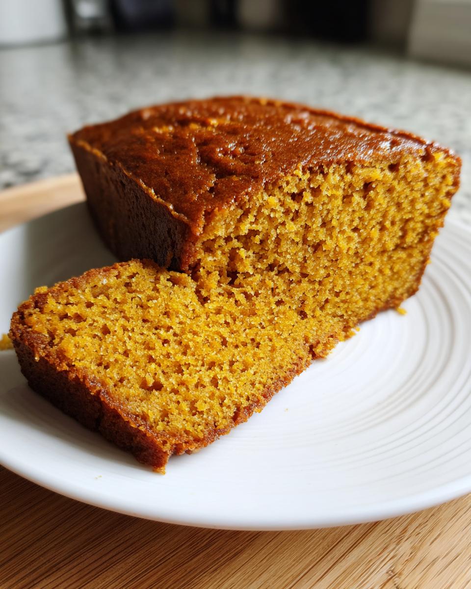 A close-up of a slice of Classic Moist Pumpkin Bread on a white plate, showcasing its texture.