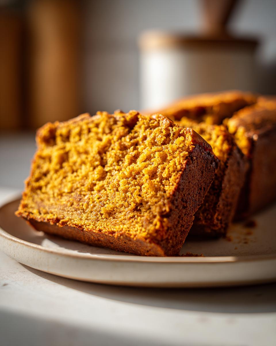 Close-up of moist Classic Moist Pumpkin Bread slices on a plate, showcasing its rich texture and color.
