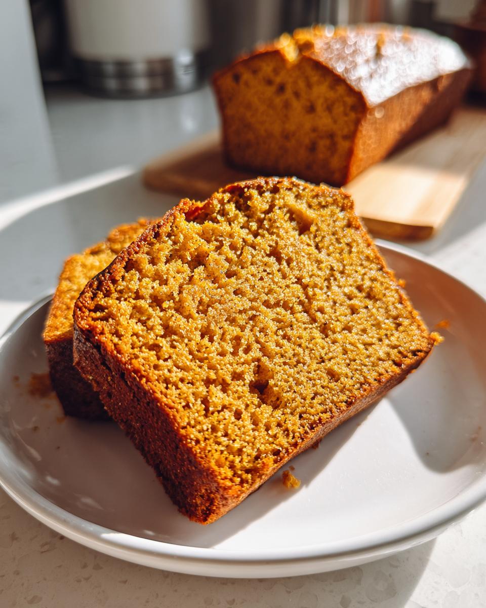 Close-up of two moist slices of Classic Moist Pumpkin Bread on a white plate.