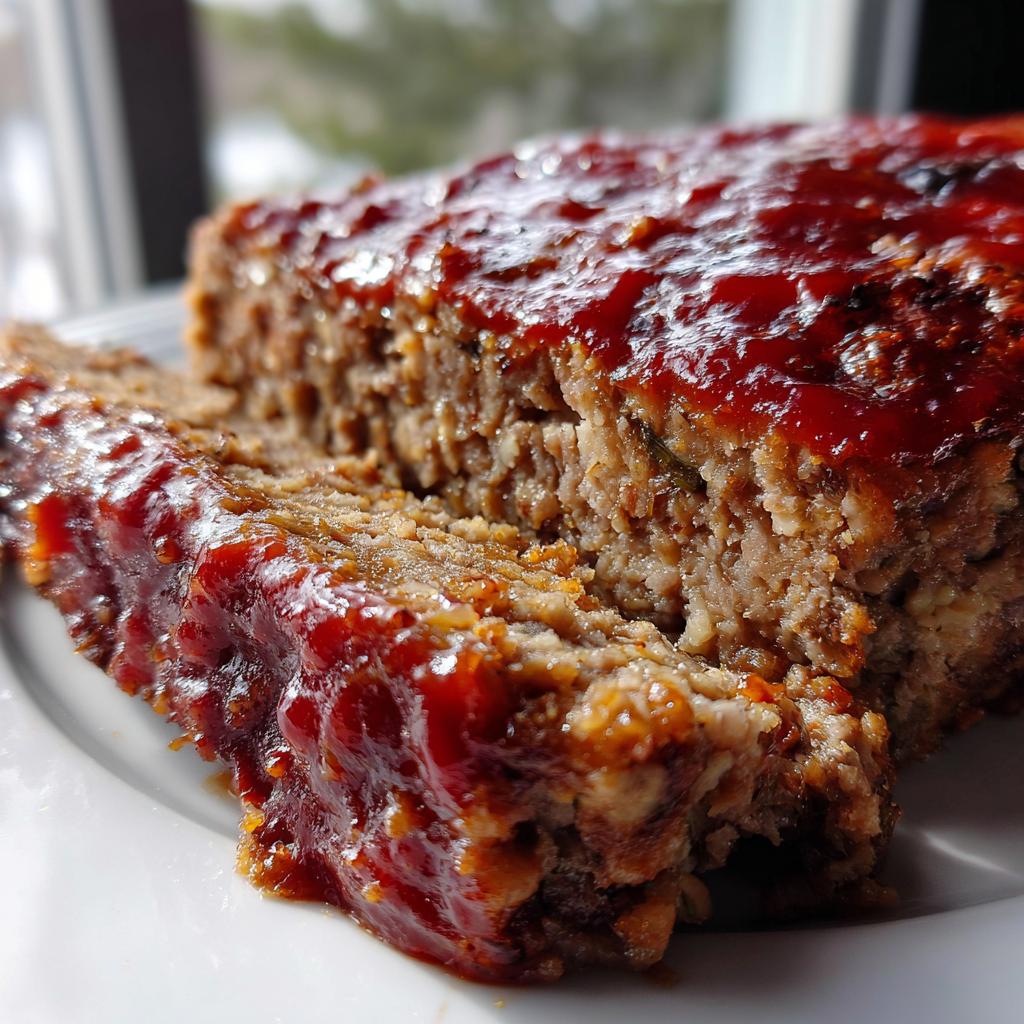 A slice of Cracker Barrel Meatloaf with a rich, glossy glaze, served on a white plate.
