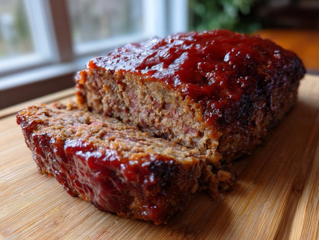 A sliced Cracker Barrel Meatloaf with a shiny glaze, sitting on a wooden cutting board.