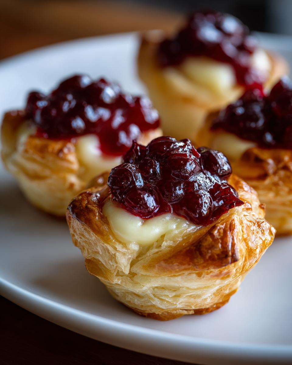 Close-up of cranberry brie bites, flaky pastry with creamy brie and cranberry sauce, perfect thanksgiving appetizers.