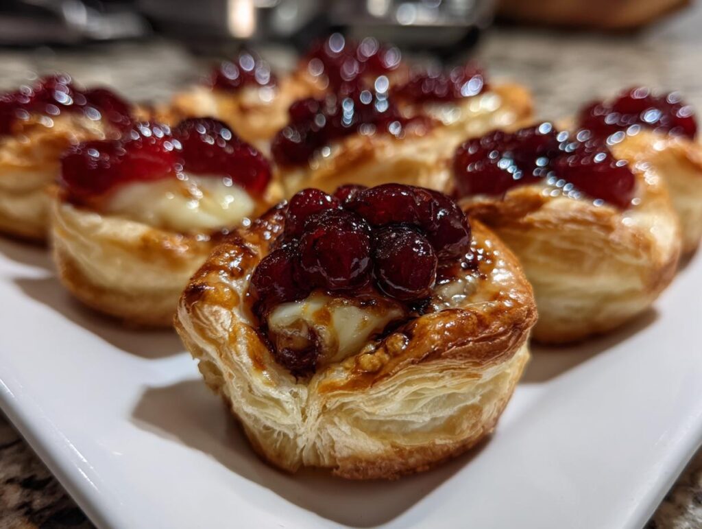Golden cranberry brie bites on a white plate, perfect as Thanksgiving appetizers. Flaky pastry, creamy brie, and tart cranberry.