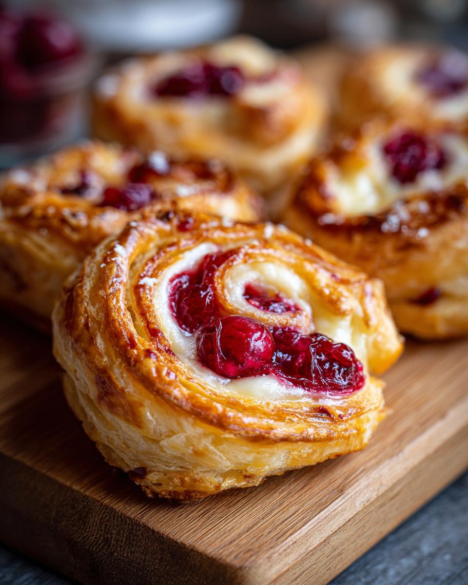 Close-up of golden Cranberry Brie Puff Pastry Bites on a wooden board, showcasing the flaky pastry and cranberry filling.