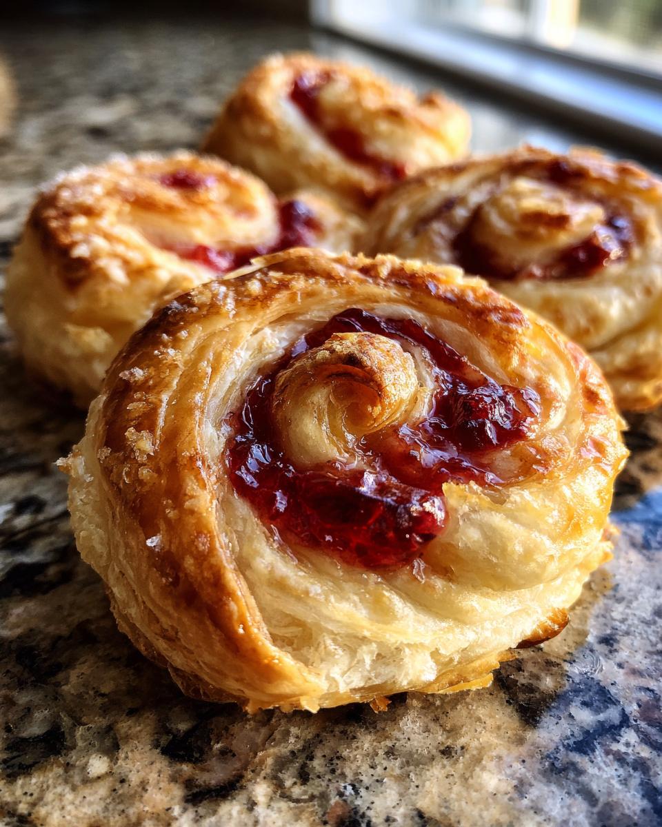 Close-up of golden Cranberry Brie Puff Pastry Bites with flaky layers and cranberry filling.