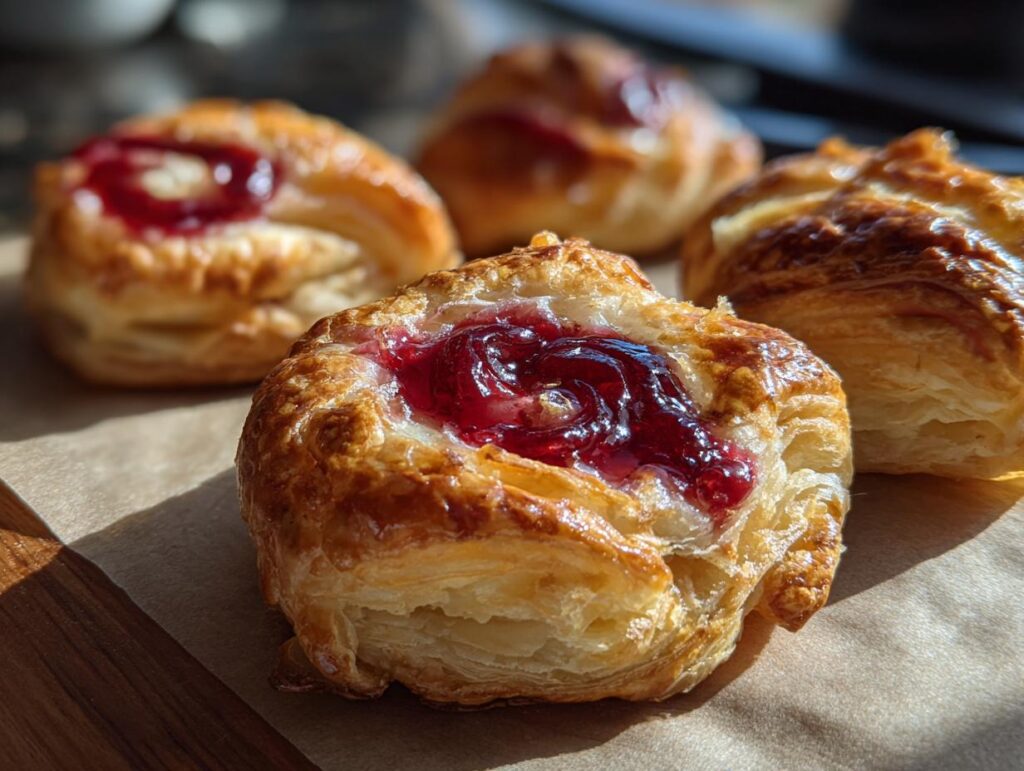 Close-up of golden Cranberry Brie Puff Pastry Bites with flaky crust and cranberry topping.