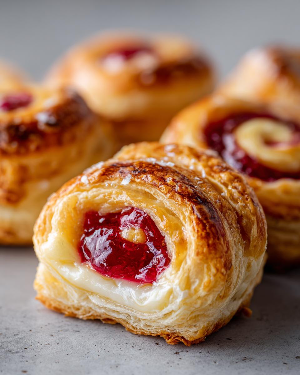 A close up of a Cranberry Brie Puff Pastry Bite with flaky crust, brie, and cranberry filling.