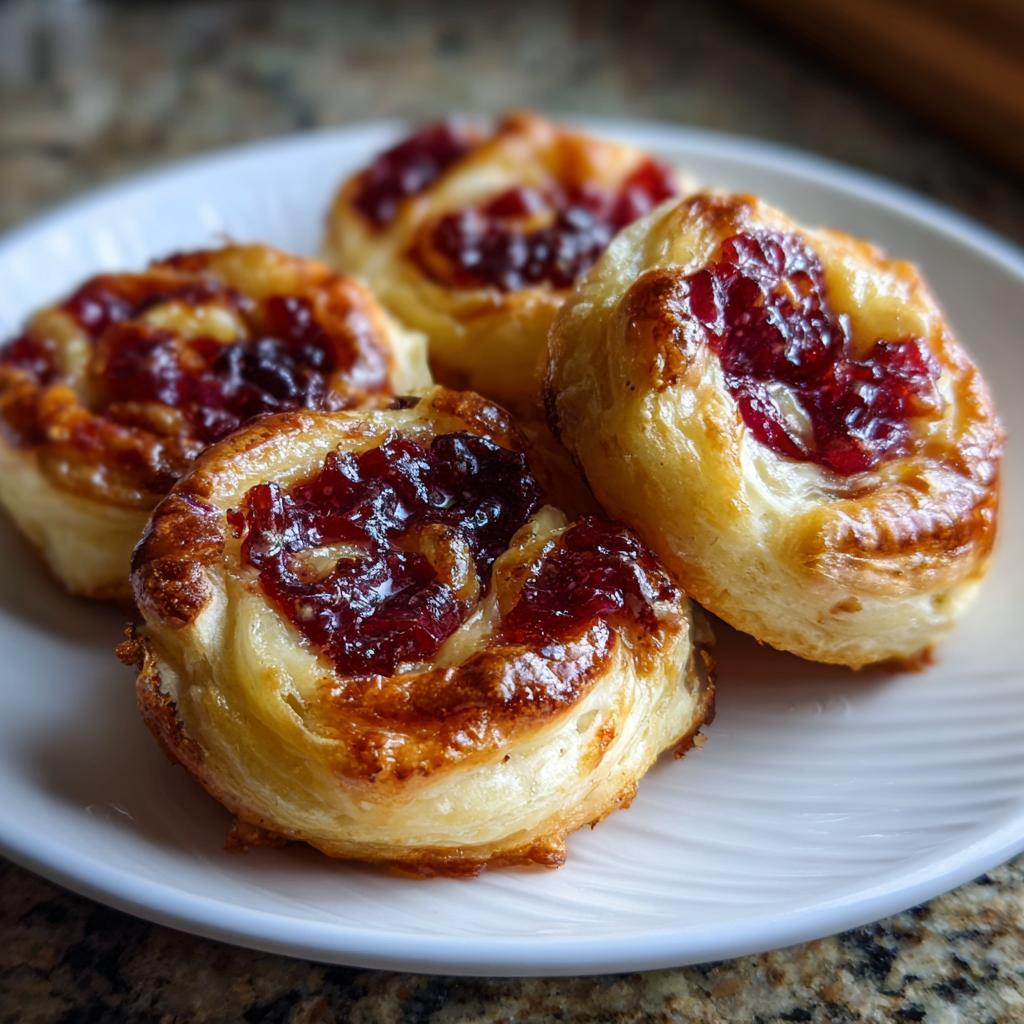 Four golden Cranberry Brie Puff Pastry Bites arranged on a white plate, showcasing the flaky pastry and cranberry filling.