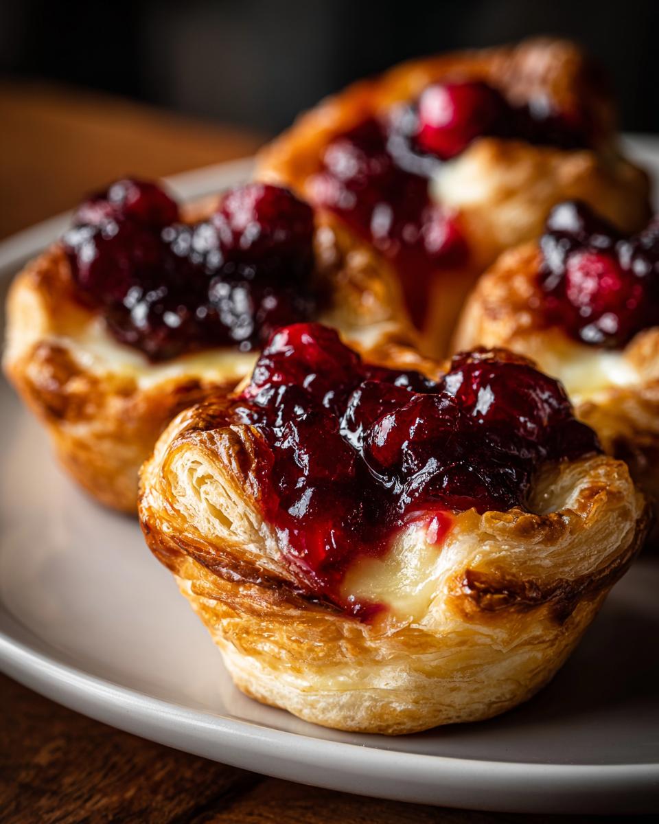 Close-up of cranberry brie tarts, delicious thanksgiving appetizers with flaky pastry and vibrant red cranberry sauce.