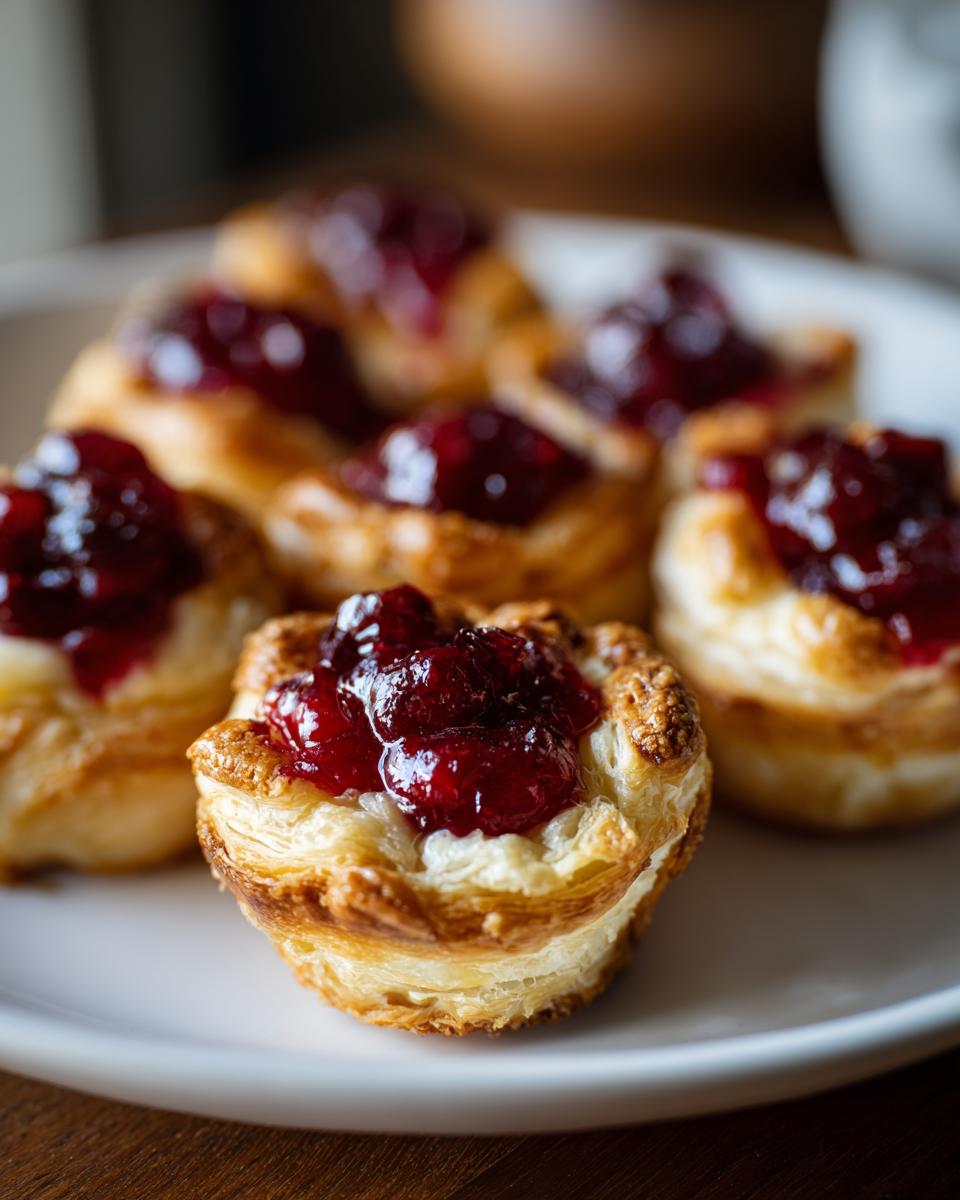 Close-up of cranberry topped puff pastries, delicious thanksgiving appetizers on a white plate.