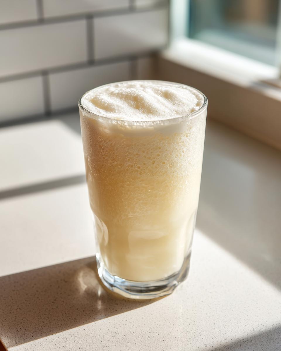 A glass of frothy cream soda aesthetic drink sits on a countertop in bright sunlight.