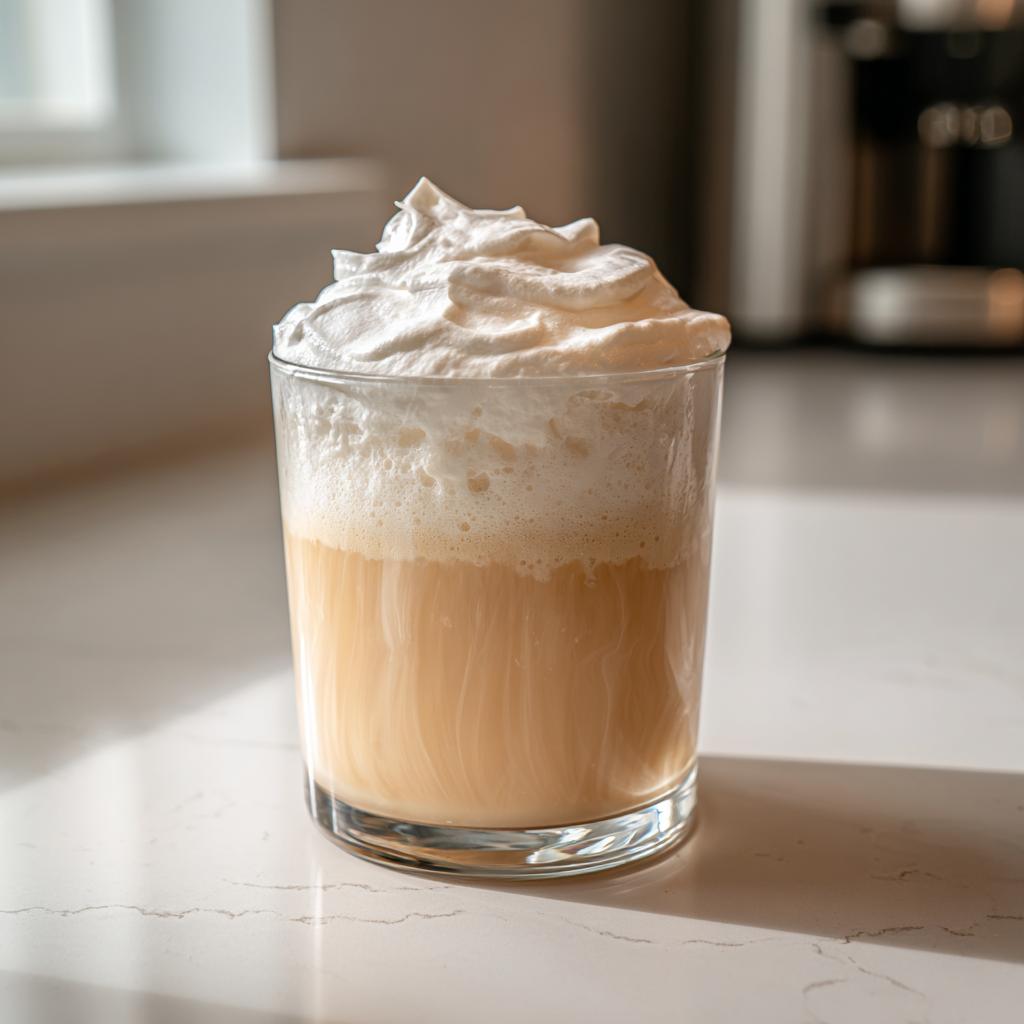 A glass of cream soda aesthetic drink topped with a generous swirl of whipped cream.