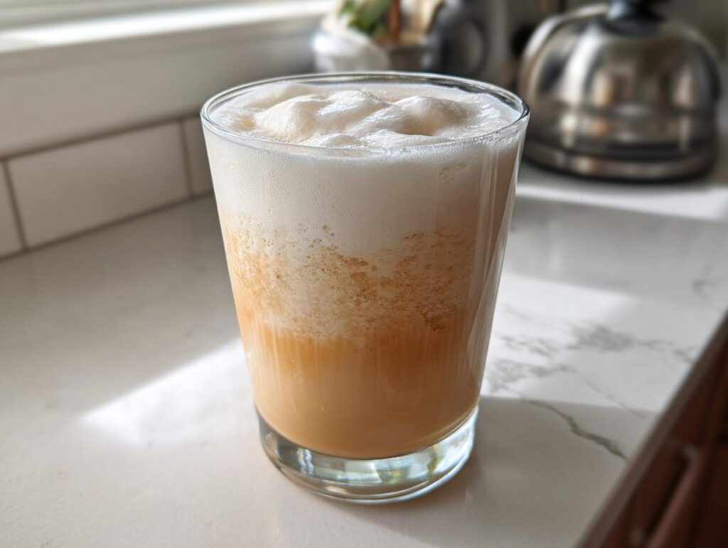 A glass of cream soda with a thick layer of foam, showcasing a dreamy cream soda aesthetic.