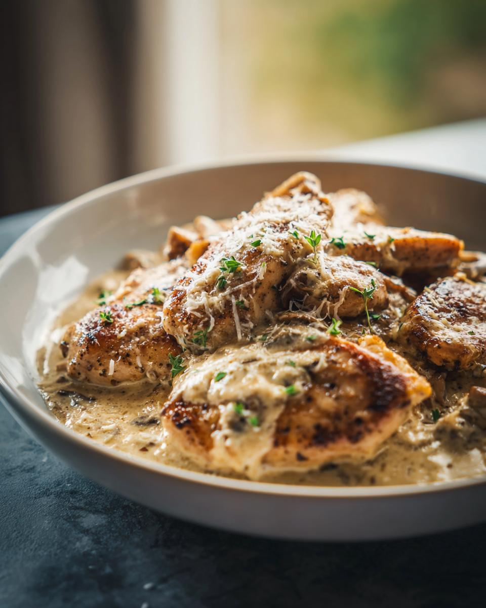Bowl of creamy chicken with mushrooms and herbs, ideal for keto dinner recipes.