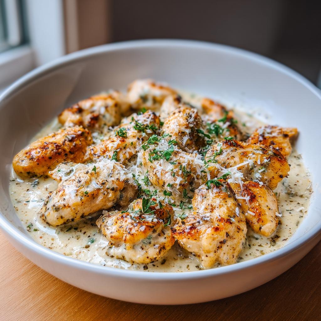 Creamy chicken dish, a delicious option for keto dinner recipes, served in a bowl and garnished with herbs and cheese.