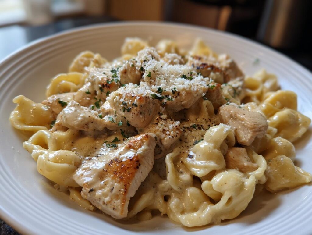 Plate of creamy chicken pasta, a delicious option for keto dinner recipes. Topped with parmesan and herbs.