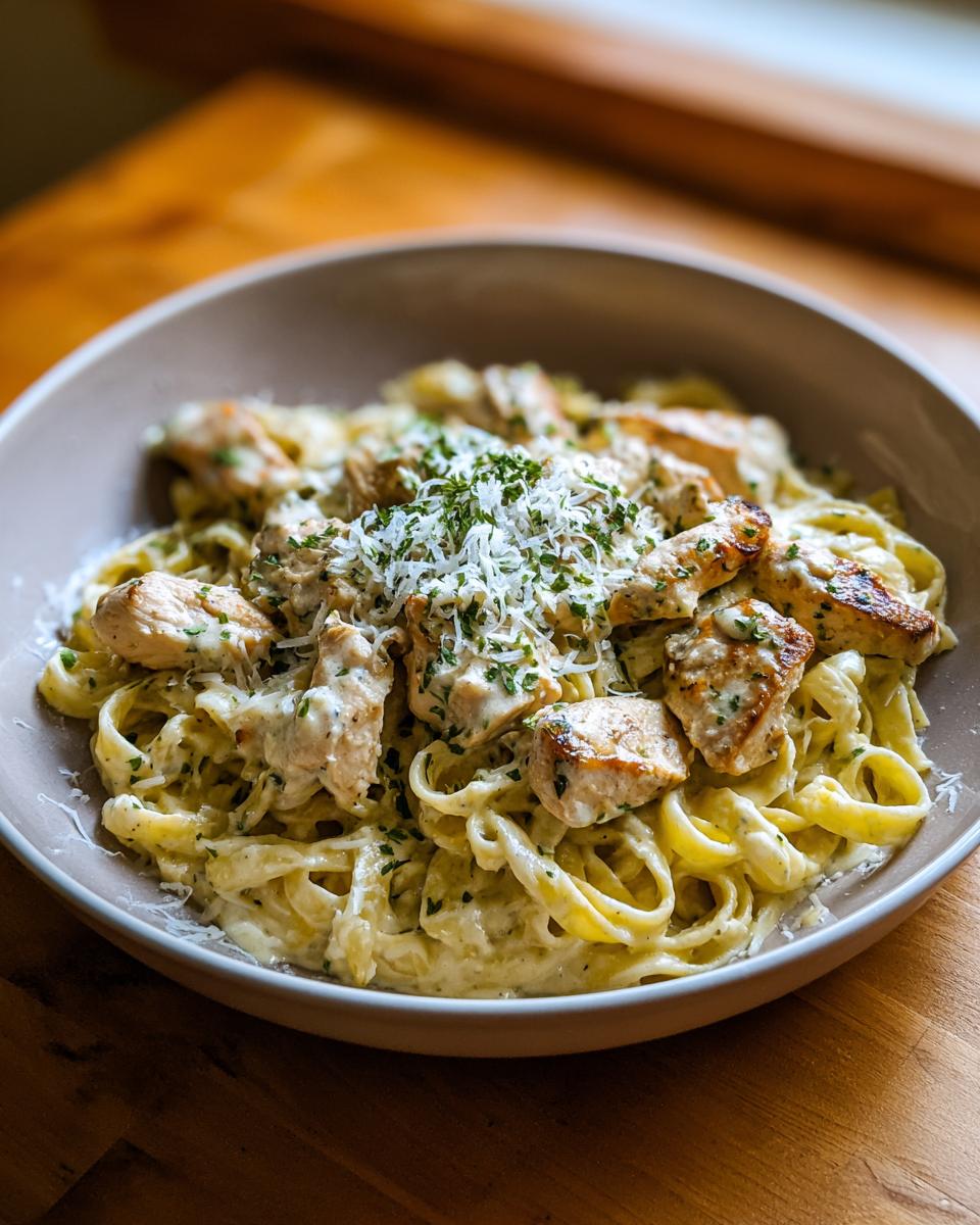 Bowl of creamy chicken pasta, a delicious option for keto dinner recipes, topped with cheese and herbs.