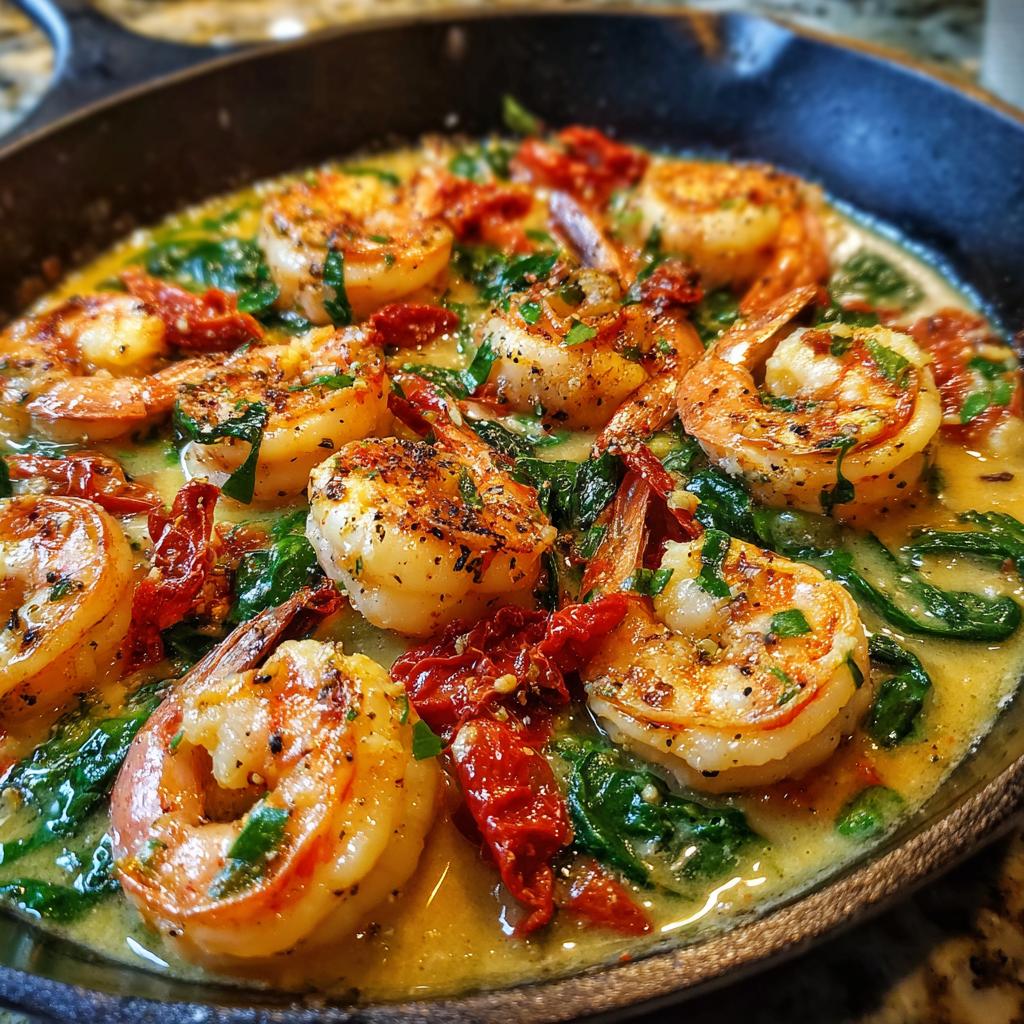 Close-up of Creamy Garlic Butter Tuscan Shrimp in a skillet with spinach and sun-dried tomatoes.